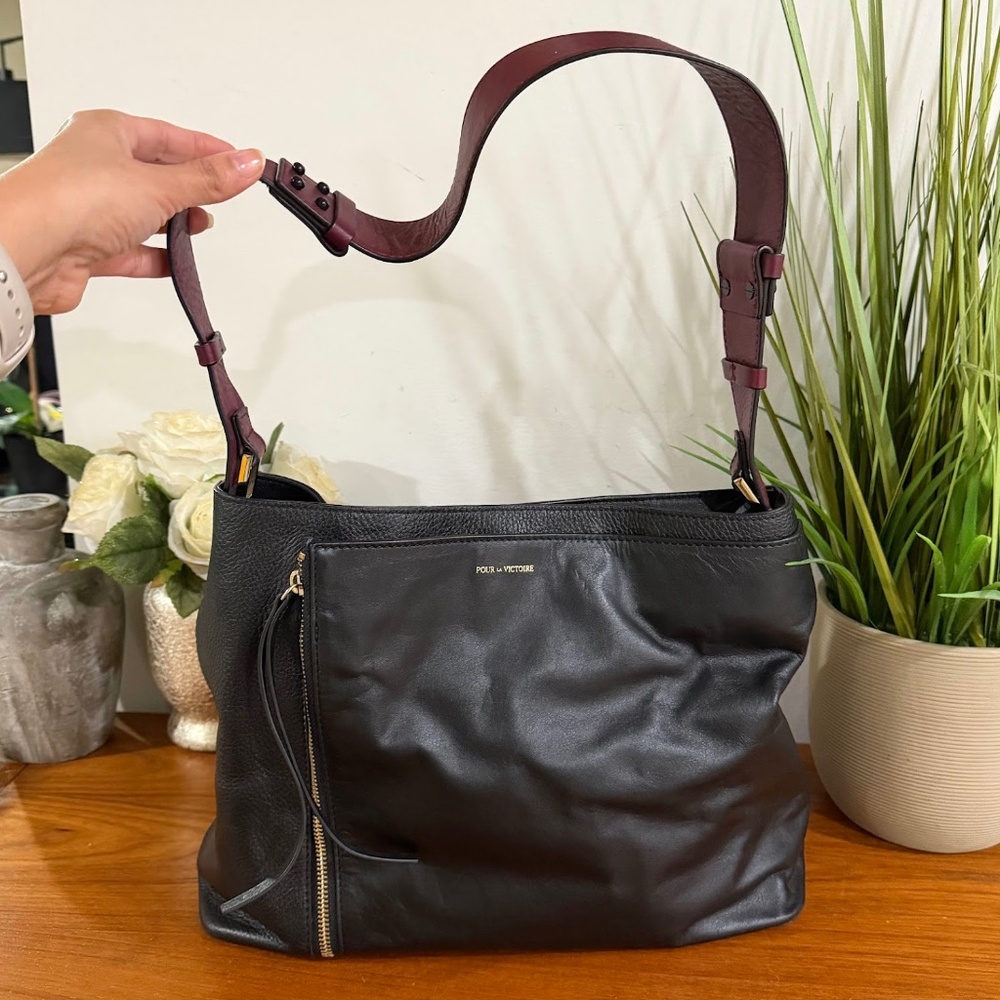 Pour La Victoire Black Leather Hobo Shoulder Bag with a Burgundy Strap - Picture 11 of 11